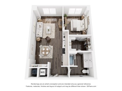 Floor plan for 1 bed, 1 bath, 755 sqft
